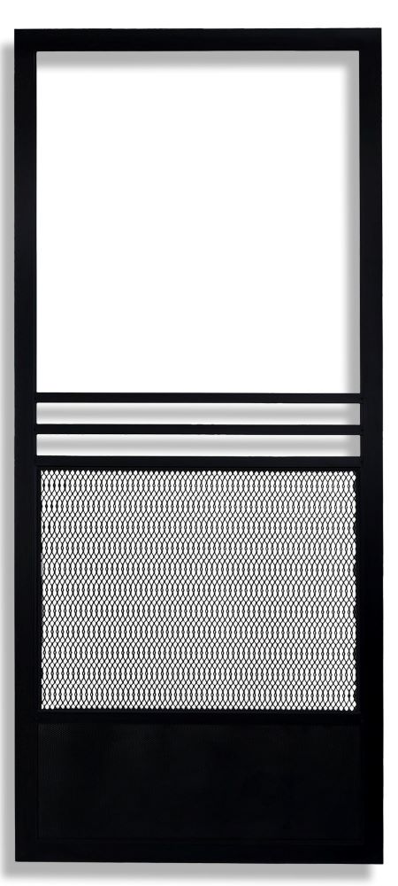 black swinging screen door